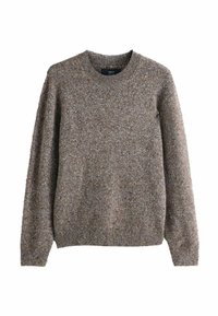 Grauer gestrickter Pullover mit rundem Ausschnitt und langen Ärmeln. Verfügt über einen strukturierten Stoff mit dezenten Farbnuancen und gerippten Bündchen.