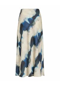 Et flytende midi-skjørt laget av lett stoff, med et abstrakt mønster i blått, svart og krem, og en jevn tekstur.