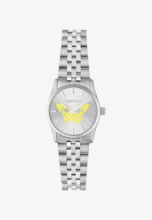 Orologio in acciaio inossidabile con quadrante rotondo argento, caratterizzato da un design di una farfalla gialla e indicatori delle ore argentati, completato da un cinturino a bracciale.