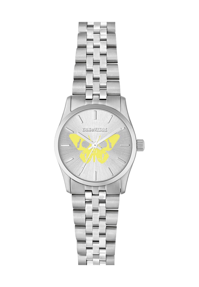 Nerezový hodinový strojček s okrúhlym strieborným ciferníkom, s dizajnom žltej motýlice a striebornými hodinovými značkami, doplnený náramkom na prepojenie.