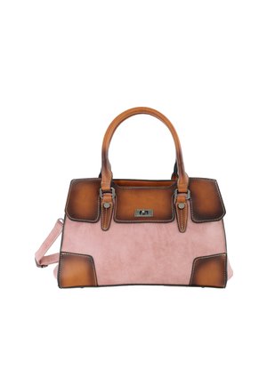 Roze rechthoekige handtas met bruine leren handvatten, hoeken en klepdetails, met witte stiksels en een klein metalen draaislot.