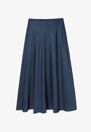 Navy blue A-line skirt in a smooth fabric, featuring a flared silhouette and a defined waistline, with no visible fastenings or embellishments.