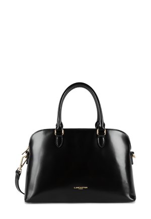 Borsa a mano strutturata nera in pelle lucida. Presenta due manici, hardware color oro e una tracolla removibile. Logo visibile.
