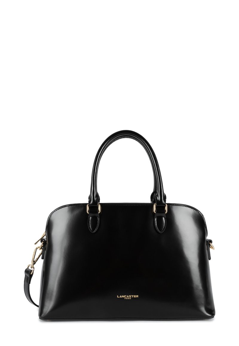 Borsa a mano strutturata nera in pelle lucida. Presenta due manici, hardware color oro e una tracolla removibile. Logo visibile.