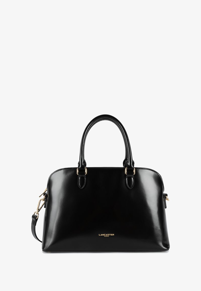 Borsa a mano strutturata nera in pelle lucida. Presenta due manici, hardware color oro e una tracolla removibile. Logo visibile.