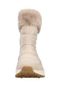 Botas de invierno beige con puño de piel, detalles de costura y suela de goma con tracción vistas de frente.