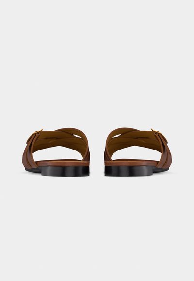 Paire de sandales marron en cuir à enfiler avec sangles ajustables et semelles noires plates, vues de dos sur un fond blanc.