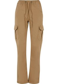 Pantalon cargo kaki avec taille élastique, cordon de serrage, poches latérales à rabat et coupe droite.