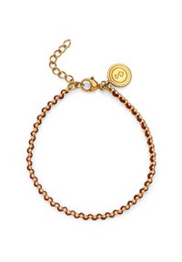 Pulsera de cadena en tono dorado con cuentas rojas, que cuenta con un cierre tipo langosta y un charm redondo adjunto con un diseño en relieve.