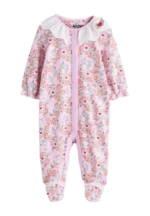 Lyserød babybody med blomster- og hjerteprint, tegneseriefigurer, flæset hvid krave, lange ærmer og trykknapper foran.
