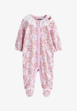Lyserød babybody med blomster- og hjerteprint, tegneseriefigurer, flæset hvid krave, lange ærmer og trykknapper foran.