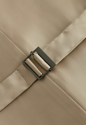 Bežinė audinio juosta su stačiakampiu metaliniu sagtimi su satino apdaila, pritvirtinta siuvinėtą detalių išilgai krašto.