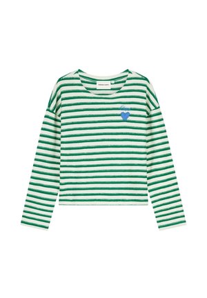 Wit overhemd met lange mouwen met groene horizontale strepen en een klein blauw hart met de tekst "Disgust" op de borst.