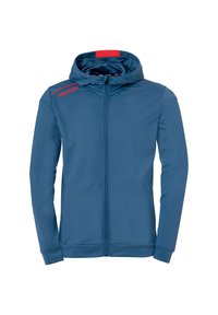 Haut à zip bleu en tissu doux, avec une capuche et des accents rouges. Comprend le logo 'Kempa' en rouge sur l'épaule gauche.