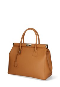 Borsa a mano in pelle marrone chiaro con forma strutturata, doppi manici, accessori in tonalità dorata e superficie texturizzata. Presenta una chiusura a gancio e un tassel decorativo.