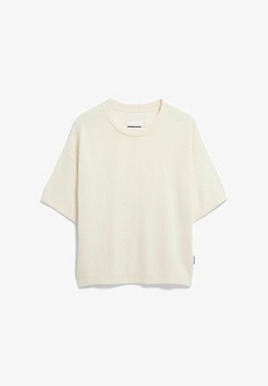 Cremefarbener Kurzarm-Strickpullover mit Rundhalsausschnitt, geripptem Saum und Bündchen sowie kleinem gesticktem Logo auf der Brust.