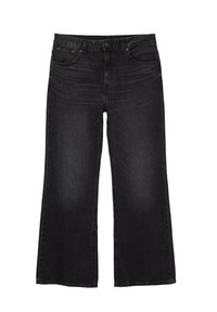 Jeans neri a gamba larga realizzati in denim. Presentano una chiusura con bottone, un design a cinque tasche e una leggera scoloritura sul tessuto.
