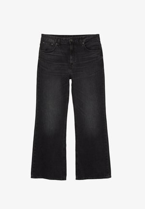 Jean large noir en denim. Présente une fermeture à bouton, un design à cinq poches et une légère décoloration sur le tissu.