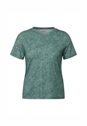 T-shirt verde a maniche corte con un motivo astratto di onde testurizzato. Presenta un collo rotondo e un tessuto morbido e leggero.