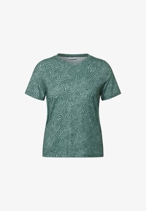 Groen T-shirt met korte mouwen, voorzien van een textuur en abstract golvenpatroon. Met een ronde halslijn en gemaakt van een zachte, lichte stof.