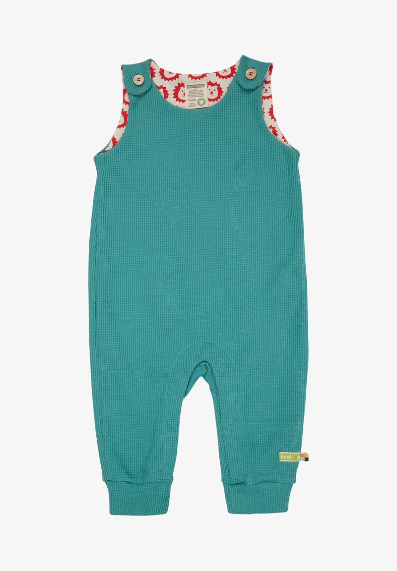 Türkiser Kleinkinder-Overall aus strukturiertem Stoff mit Futter im roten Igelmuster. Mit Holzknöpfen und elastischen Bündchen an den Knöcheln.