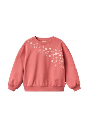 Sweat-shirt rose avec motif floral blanc et texte « be cool be kind always » sur le devant et la manche droite, col rond et manches longues.