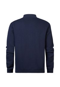 Navy blue pullover with a textured, ribbed design. Features a high collar, long sleeves, and a fitted waistband. Soft fabric.