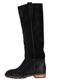 Svart mocka knähög stövel med rund tå och staplad trähäl. Har en slät yta och en minimalistisk design utan utsmyckningar.