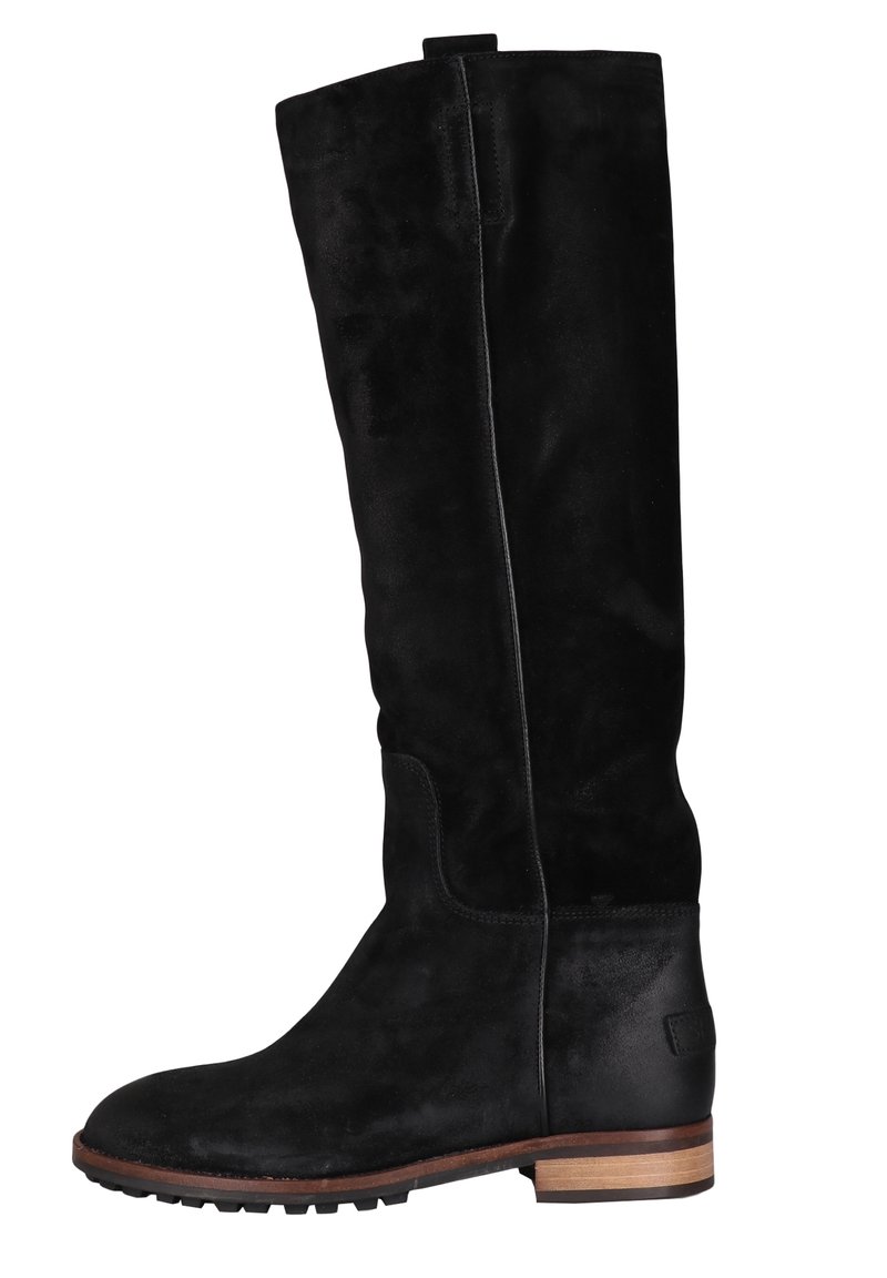 Svart mocka knähög stövel med rund tå och staplad trähäl. Har en slät yta och en minimalistisk design utan utsmyckningar.