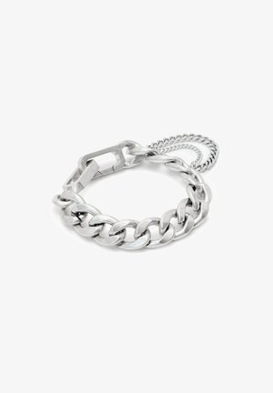 Silver metal chain bracelet featuring interlocking links and a flat, rectangular clasp, with an additional fine chain accent.