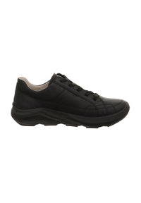 Schwarze Ledersneaker mit runder Zehenpartie, gepolstertem Schaft, Schnürdesign, strukturiertem Obermaterial und gepolsterter Gummisohle.