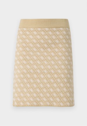 Fustă tricotată în bej deschis, cu un model texturat în formă de diamant de culoare albă. Are un brâu solid și un design ajustat.