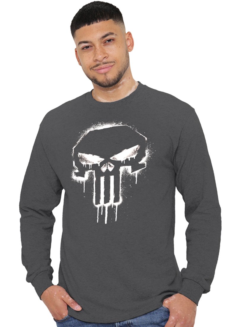 T-shirt grigio a maniche lunghe con una grande grafica di teschio bianco caratterizzata da un effetto vernice che cola. Materiale in cotone morbido con una vestibilità comoda.