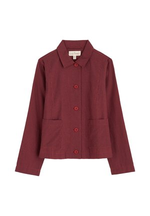 Red checkered jacket with a collared neckline, button front closure, two front pockets, and long sleeves made from textured fabric.