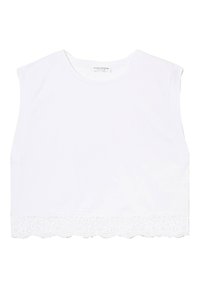 Witte cropped tanktop van soepel materiaal, met een geschulpte kantzoom. Mouwloos ontwerp en ronde halslijn. Eenvoudig en veelzijdig.