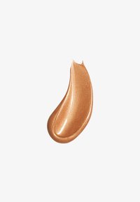 Brons væske highlighter, metallisk finish, glatt tekstur, avlang form, reflekterende glitter, varme undertoner, blankt utseende.