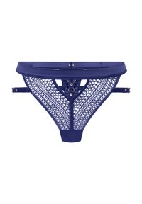 Navyblaue Panty mit einem Mesh-Design und kreisförmigen Mustern, einem festen Bund, verstellbaren Trägern und dekorativen Hardware-Details.
