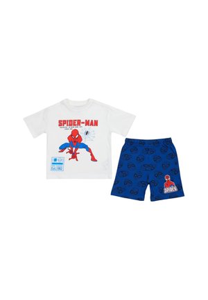T-shirt blanc à manches courtes Spider-Man avec un graphisme et un short bleu avec des visages de Spider-Man et un patch "Spidey".