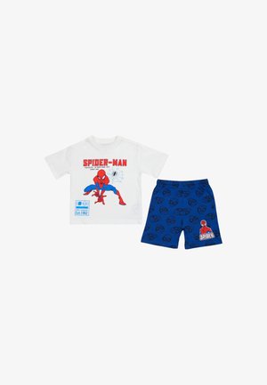 T-shirt blanc à manches courtes Spider-Man avec un graphisme et un short bleu avec des visages de Spider-Man et un patch "Spidey".