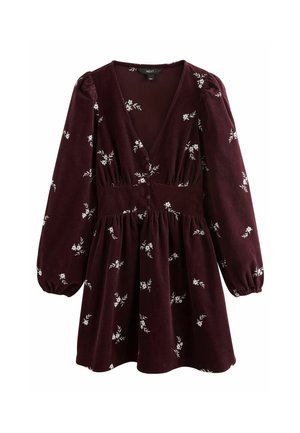 Burgundy velvet dress with a deep V-neck, long puff sleeves, floral embroidery, and gathered waist. Features button detail at the front.