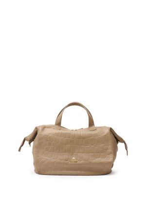 Sac à main en cuir marron clair avec texture crocodile, deux poignées et un petit logo doré centré à l'avant.