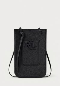 Black leather crossbody bag with a textured finish and embossed logo, featuring a flat pocket and adjustable strap.