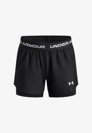 Pantaloncini atletici neri con una larga fascia elastica in vita con la scritta "UNDER ARMOUR" in bianco. Un piccolo logo è visibile sulla parte inferiore della gamba destra.