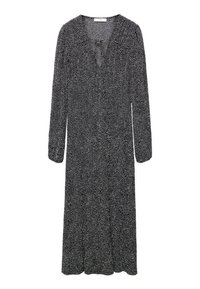 Robe midi noire à manches longues avec un motif tacheté blanc, encolure en V et un ourlet légèrement évasé.