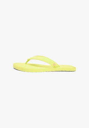 Yellow flip-flop sandal with a padded strap and small gold logo on the side, photographed against a white background.