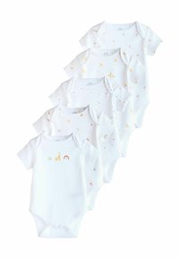Sæt bestående af fem hvide bomulds babysnaps med korte ærmer, prydet med forskellige små farverige dyretryk og mønstre. Trykknapper i bunden.