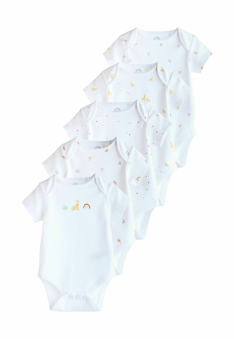 Sæt bestående af fem hvide bomulds babysnaps med korte ærmer, prydet med forskellige små farverige dyretryk og mønstre. Trykknapper i bunden.