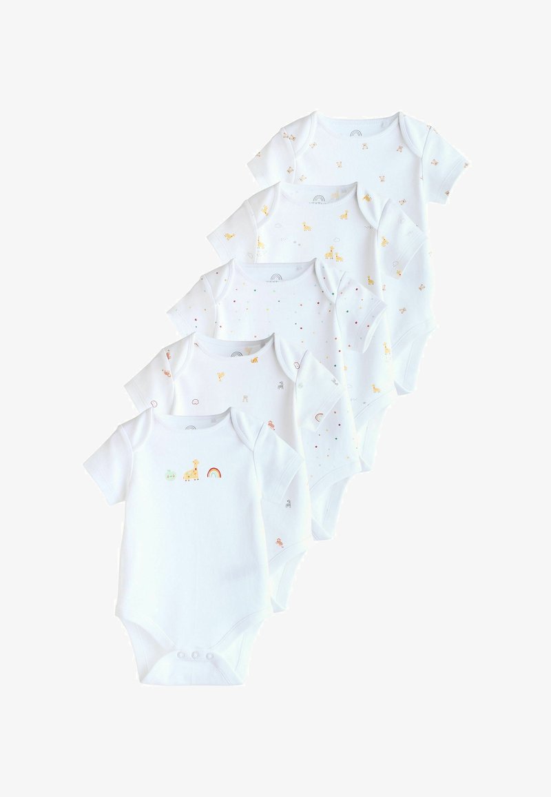 Sæt bestående af fem hvide bomulds babysnaps med korte ærmer, prydet med forskellige små farverige dyretryk og mønstre. Trykknapper i bunden.