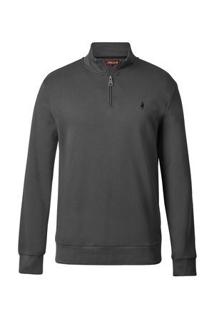 Mørkegrå pullover med lynlås og halv høj hals, lange ærmer, ribbede manchetter og et lille broderet logo på brystet. Glat stofstruktur.