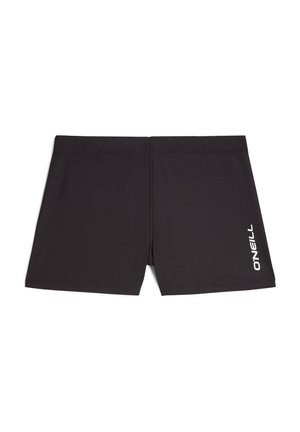 Shorts da nuoto neri realizzati in materiale elastico, caratterizzati da un design elegante e un logo bianco sul lato sinistro. Texture liscia e taglio semplice.